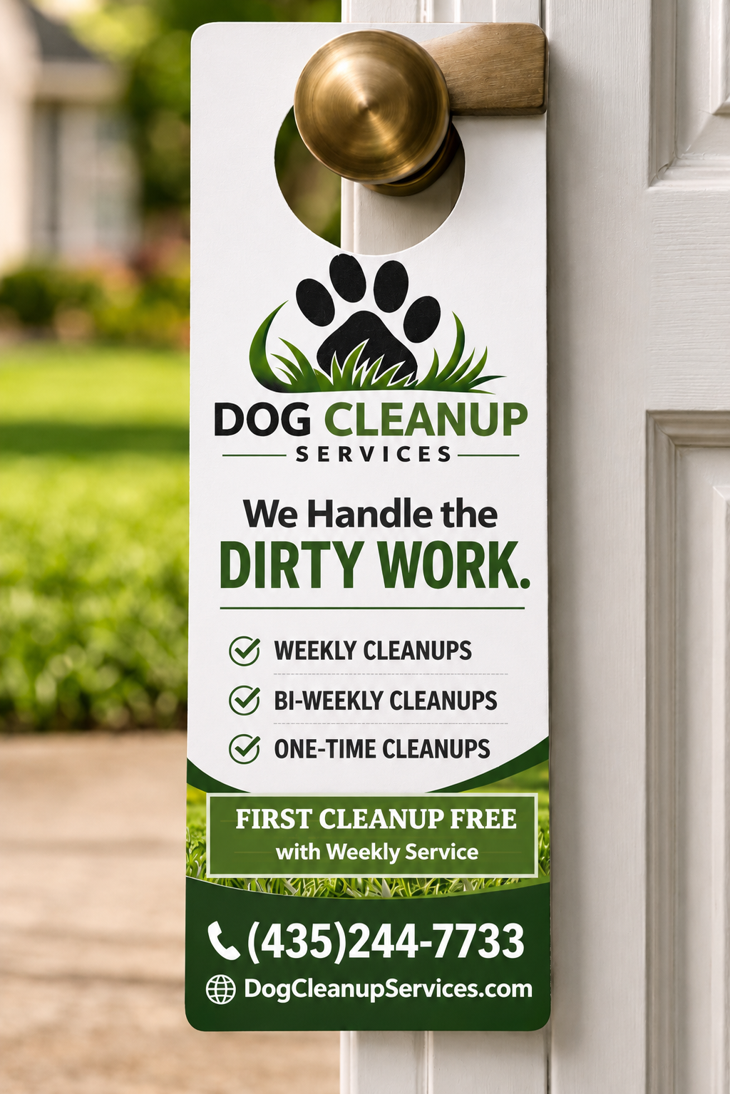 Dog Cleanup Services door hanger showing weekly and one-time options