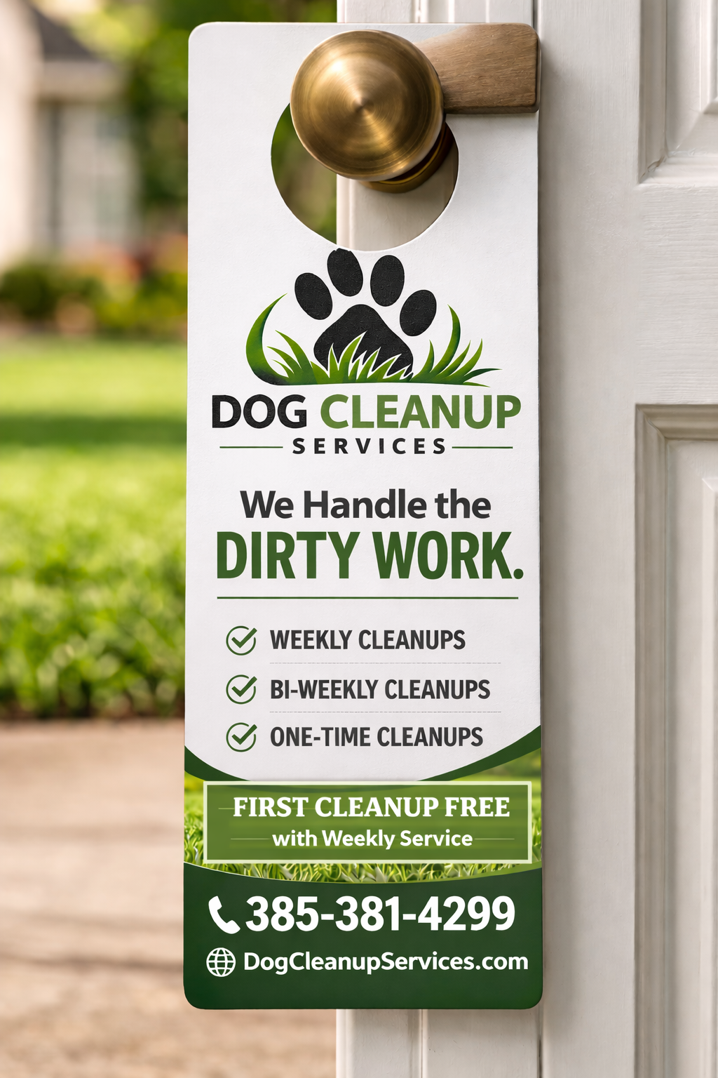 Dog Cleanup Services door hanger showing cleanup options