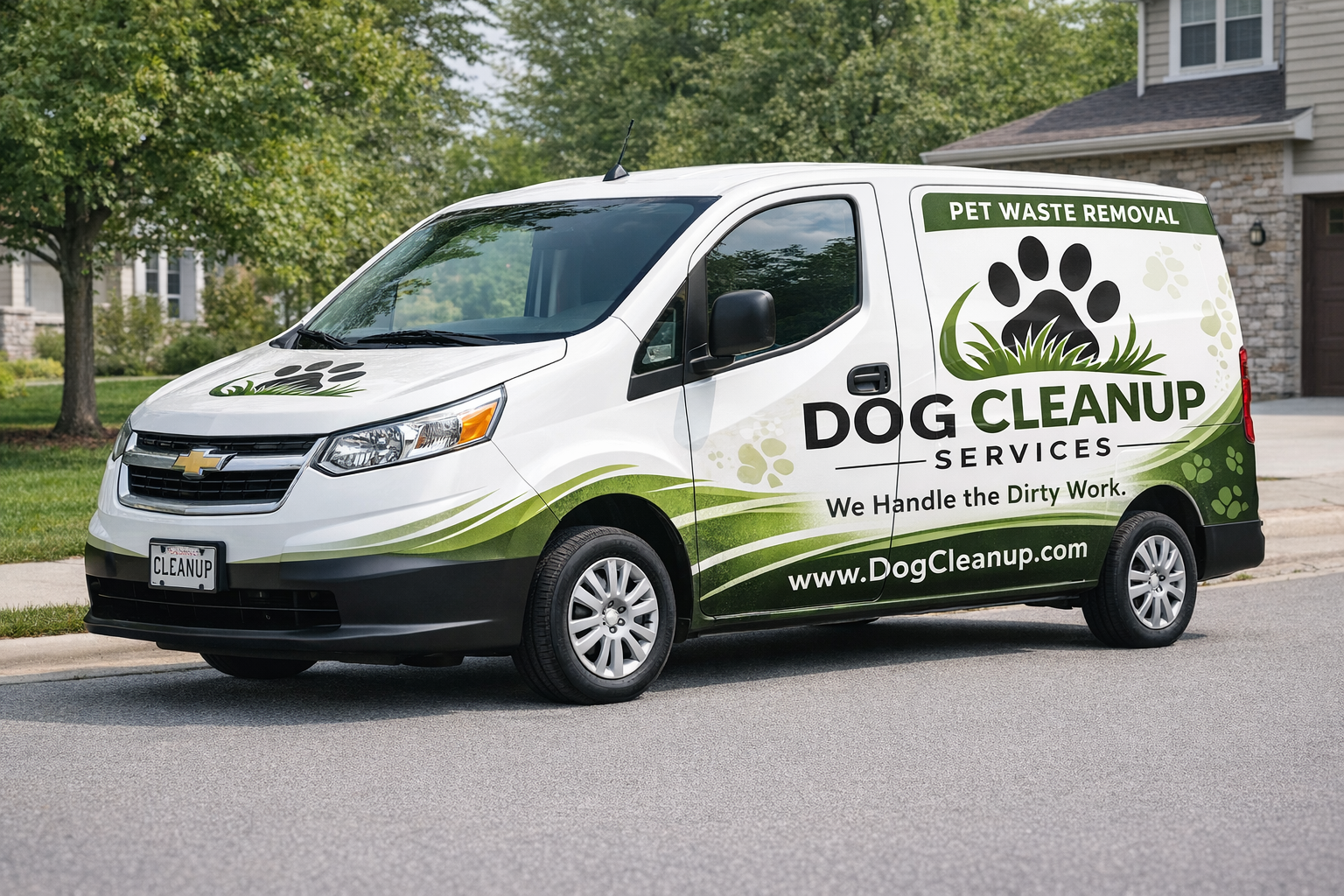 Dog Cleanup Services branded van in a residential neighborhood